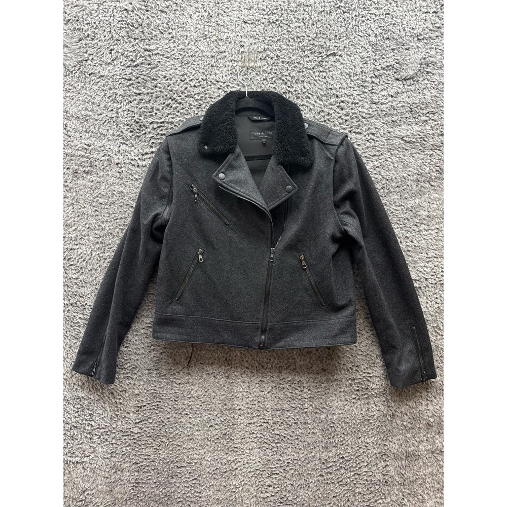 Rag‎ & Bone Wool Shearling Collar Bowery Motorcycle Jacket Black Womens Size 10